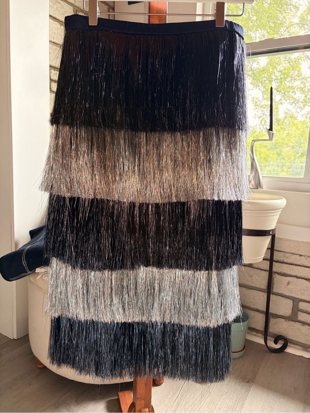 J.Crew Collection Tiered Fringe Midi Skirt Navy Silver Size 8